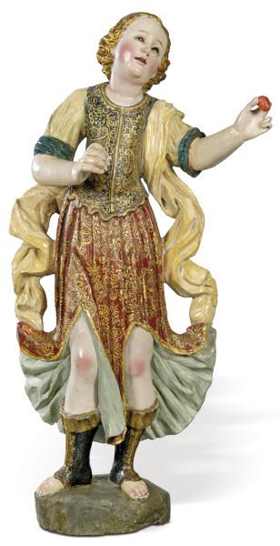 Lote 1075
Atribuído a Manuel Chili "Caspicara" (1723-1796), Escuela Quiteña, Virreinato del Perú
"Arcangel Chamuel ?"
Escultura de madera tallada, policromada, dorada y estofada con ojos de pasta vítrea c