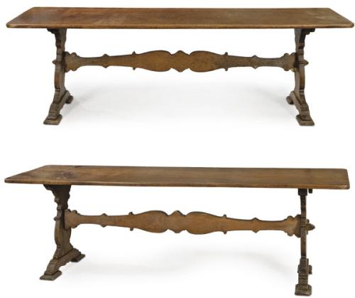 Lote 1078
Pareja de mesas de refectorio, con tapa rectangular de una sola pieza de madera de nogal, sobre dos pedestales recortados de forma abalaustrada apoyados en ménsulas y unidos en el centro por una gran chambrana de perfil sinuoso. Italia, Toscana, principio