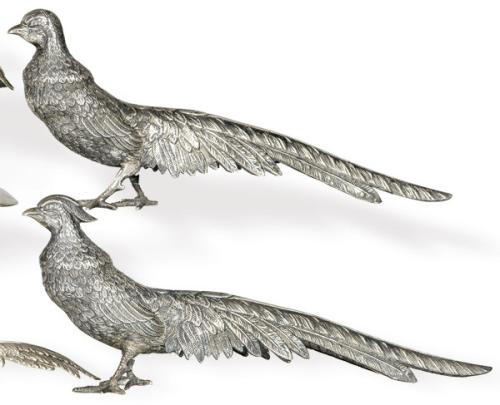 Lote 1113
Pareja de faisanes de plata española punzonada 1ª Ley con marca comercial de Bagues.