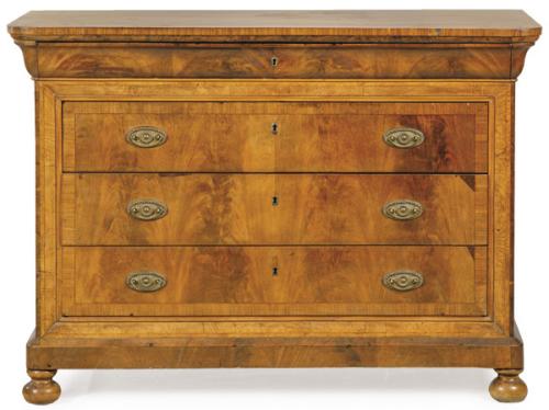 Lote 1195
Cómoda Carlos X en madera de caoba y palma de caoba, con el cajón superior insertado en el friso, debajo, tres cajones largos enmarcados por una ancha moldura. Francia, primera mitad S. XIX
