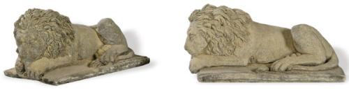Lote 1215
Pareja de leones tumbados de arenisca para jardín.