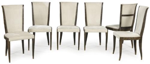 Lote 1231
Conjunto de seis sillas Art decó en madera ebonizada, con tapicería de tela blanca.
Francia, años 1930-40