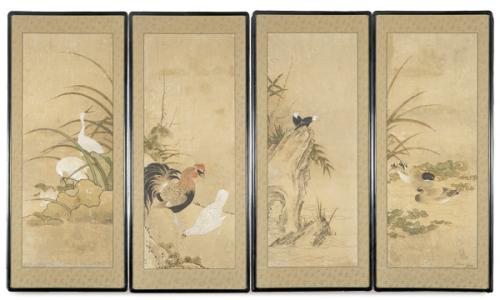 Lote 1367
Cuatro pinturas japonesas sobre papel con borde de seda labrada, Periodo Meiji (1868-1912).