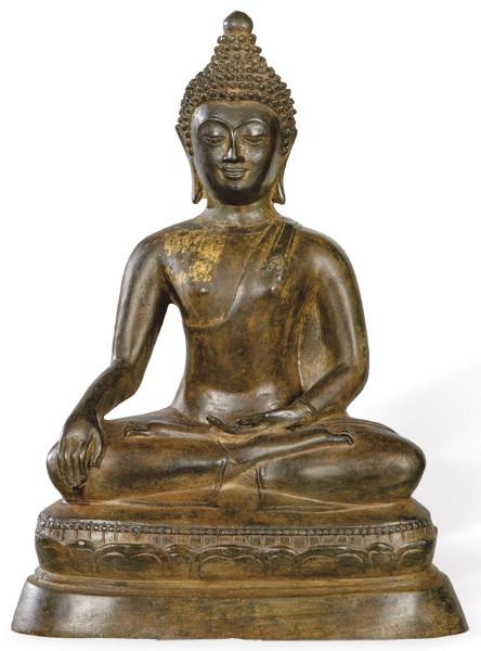 Lote 1372
"Buda Sakyamuni" en bronce dorado con restos de pan de oro, China Dinastía Qing posiblemente S. XVIII.