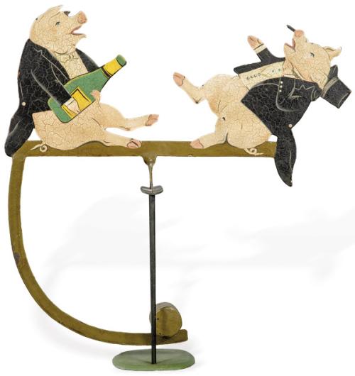 Lote 1441
Tentieso de hierro pintado representando a dos cerdos con chaqué