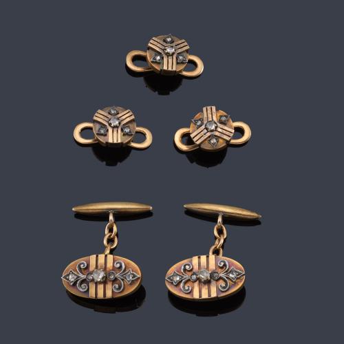 Gemelos y botonadura con diamantes talla rosa en montura de oro amarillo de 18K. Finales S.XIX.