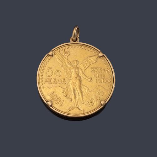  Moneda de 50 pesos Mexicanos en oro de 22K con marco en oro amarillo de 18 K.