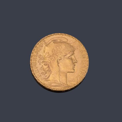 Moneda 20 francos franceses 1913 en oro de 22 K.