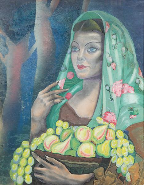 ESCUELA ESPAÑOLA S. XX - Mujer con matilla y bandeja de frutas