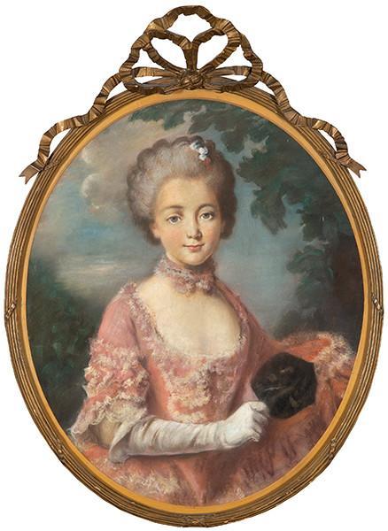  A LA MANERA DE NICOLÁS LARGILLIERE S. XIX - Retrato de jóven dama con máscara