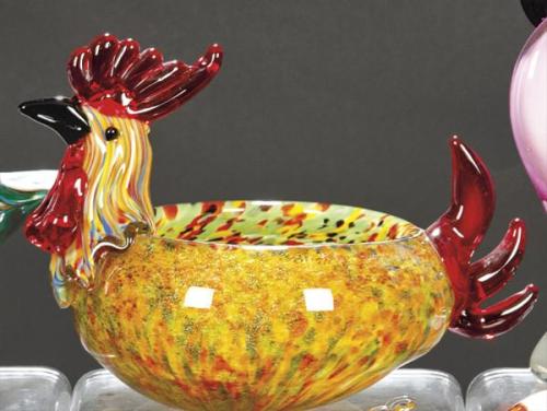  Recipiente con gallo en cristal de Murano.