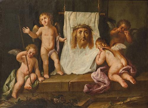 ESCUELA VALENCIANA S. XVIII - Escena de la Santa Faz con angelillos llorando