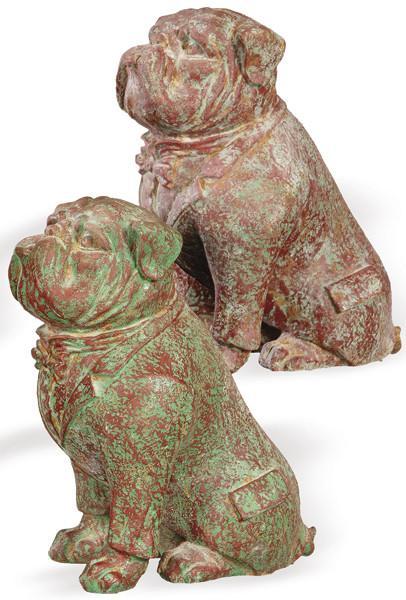  Pareja de Bulldog sentados en hierro colado para jardín.