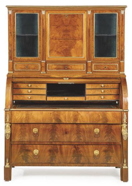  Bureau librería Imperio en madera de caoba y palma de caoba, con monturas de bronce dorado. Francia, primer tercio S. XIX