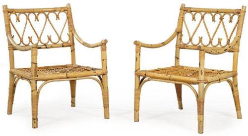  Pareja de butacas en madera de bambú y ratán.