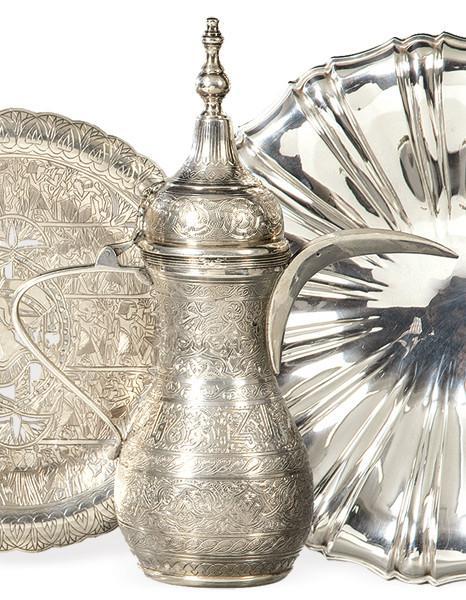  Aguamanil con plato de plata egipcia punzonada Ley 900, Cairo.