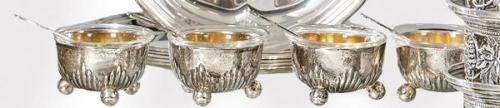  Juego de cuatro saleros de mesa de plata alemana punzonada Ley 800 de3 Wilhelm Binder, ff. S. XIX pp. S. XX.