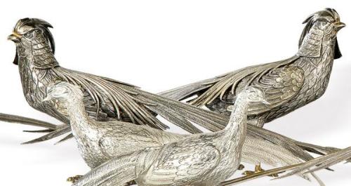  Pareja de faisanes de plata española punzonada 1ª Ley de Dionisio García.
