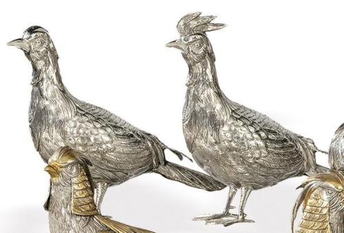  Pareja de faisanes de plata española punzonada 1ª Ley.