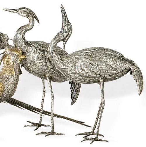  Pareja de garzas de plata española punzonada 1ª Ley.