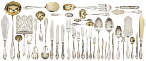  Cubertería de plata austriaca Jugendstil punzonada, del platero Alois Pressler (1867-1922) con marca de importación a Praga en uso de 1902 a 1921.