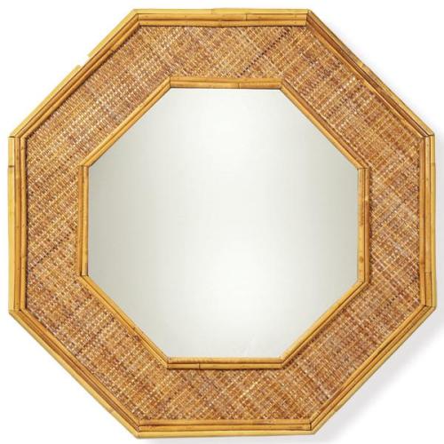  Marco de espejo octogonal en madera de bambú y ratán trenzado.