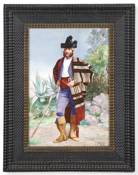  Placa de cerámica pintada con figura de hombre rondeño sobre fondo frondoso. Firmado E. Molina y fechado 1884. Con marco moldurado en madera tallada ebonizada y parcialmente dorada.