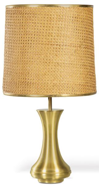 Lámpara de mesa con base en forma de balaustre en latón, con tulipa cilíndrica de rejilla.