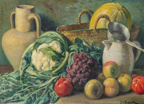 JOSÉ GUARDIOLA TORREGROSA - Bodegón con cántaro, coliflor y otras hortalizas