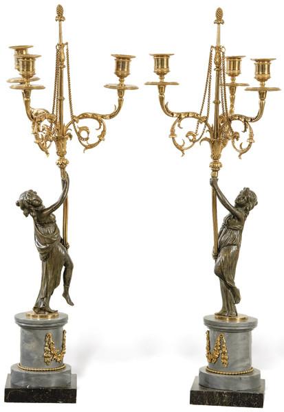 Pareja de candelabros de bronce dorado, bronce patinado y mármol, Francia S. XIX.