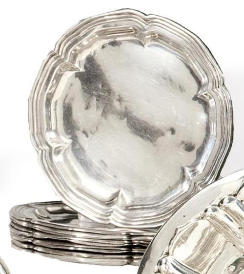  Juego de diez platos de pan de plata española punzonada 1ª Ley de Espuñes.