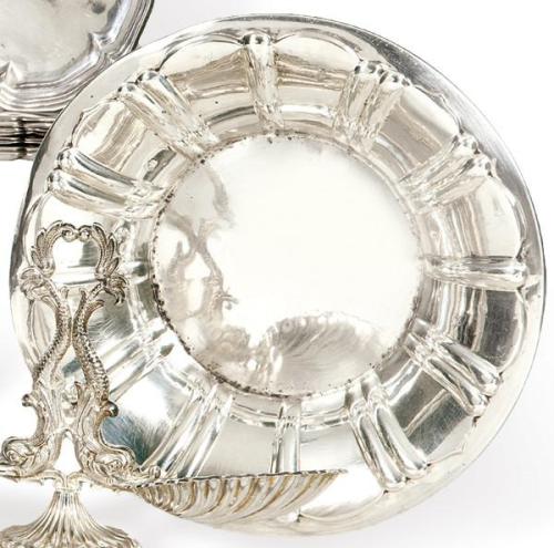  Panera circular de plata española 1ª Ley con marca comercial de Pérez Hermanos.