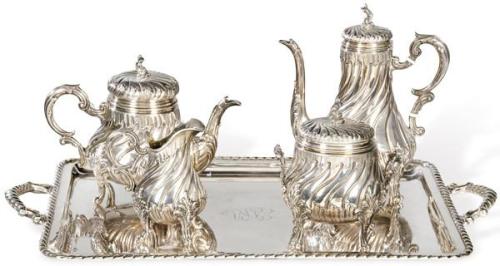  Juego de café y te de plata francesa punzonada Ley 950 de Ferry ff. S. XIX.