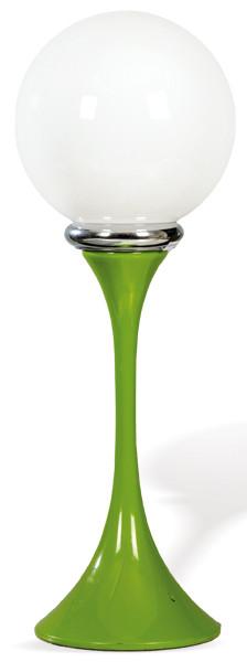  Lámpara de sobremesa Space Age con estructura de metal lacado en verde y metal cromado, y difusor globular en vidrio opalino blanco.