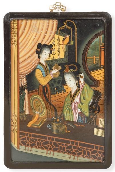 "Mujer Arreglándose y Sirvienta" pintado bajo cristal, China pp. S. XX.
