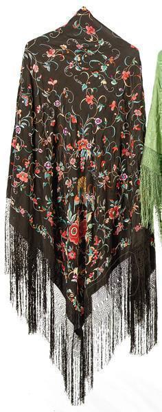  Mantón de Manila seda natural ala de mosca con decoración aves y flores  pp. S. XX