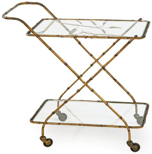  Carro camarera con estructura de metal dorado en forma de bambú y baldas de cristal. 