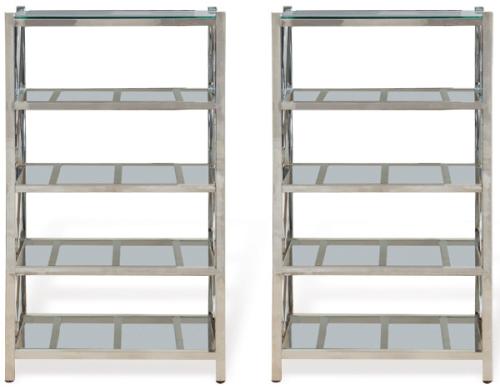  Pareja de librerías con estructura de metal cromado y baldas de cristal.