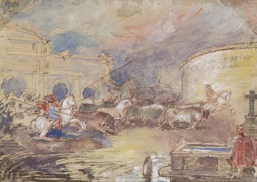 EUGENIO LUCAS VELÁZQUEZ - Toros en las inmediaciones de la puerta de Alcalá