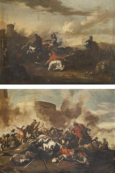 SEGUIDOR DE JACQUES COURTOIS, "LE BOURGIGNON" S. XVIII - Pareja de escenas de batalla