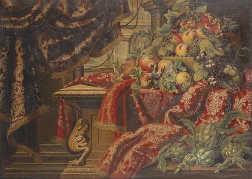 SEGUIDOR DE GIOVANNI BATTISTA MANERIUS S. XVII - Bodegón con frutas en entorno palaciego