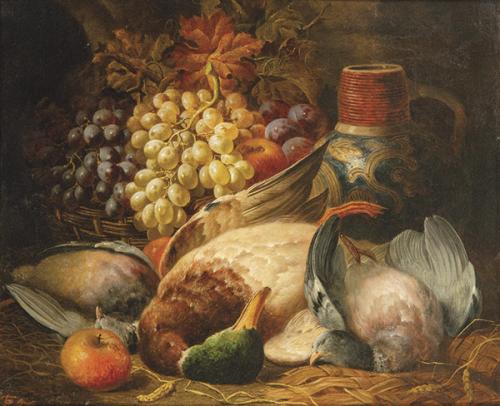 CHRISTIAN WILHELM KARL KEHRER - Bodegón con frutero, pato y otros objetos