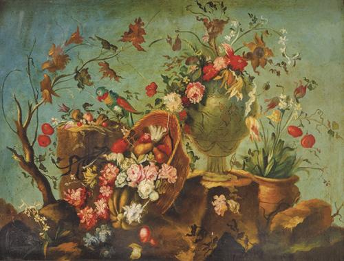 ESCUELA ESPAÑOLA S. XIX - Bodegón con cesta de flores y pájaros