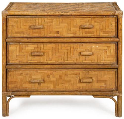  Cómoda en bambú y ratán de tres cajones largos superpuestos. Años 60.