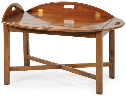  Mesa de centro ovalada eduardina, con lados abatibles, sobre patas rectas unidas por chambranas. Inglaterra, principios S. XX