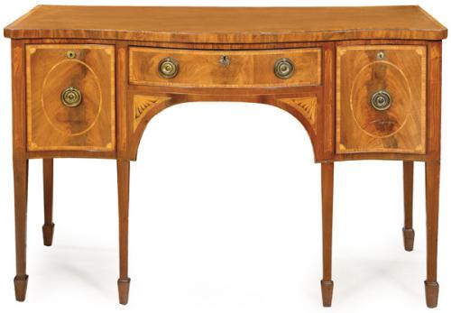  Sideboard Jorge III en madera de caoba y palma de caoba con decoración de marquetería y tiradores en bronce. Inglaterra, c. 1790