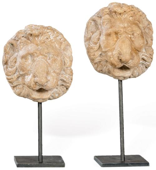  Pareja de cabezas de león de arenisca para jardín.
