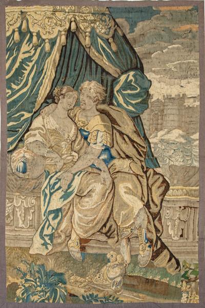 Tapiz Aubusson tejido en lana y seda en la que se representa una escena mitológica sobre un fondo arquitectónico. Francia, S. XVII