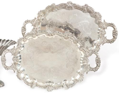 Pareja de bandejas ovales con asas de plata española punzonada 1ª Ley.