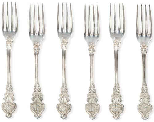  Seis tenedores de Isabel II y Francisco de Asis en plata española punzonada de Angel Teresa Marquina, Madrid Villa y Corte 1859.